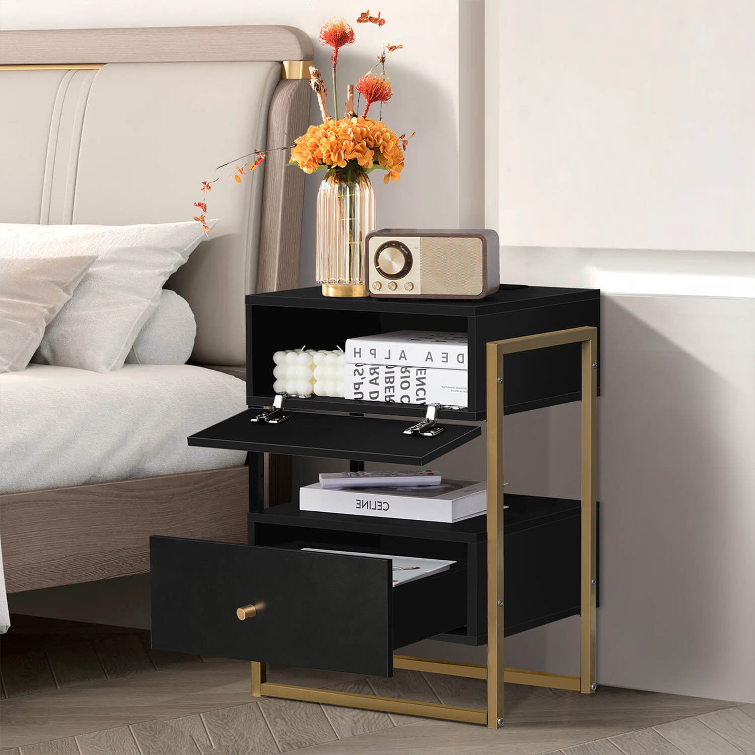 Nightstands Set of 2 with Charging Station, End Table with Storage Drawer - Meissalivve