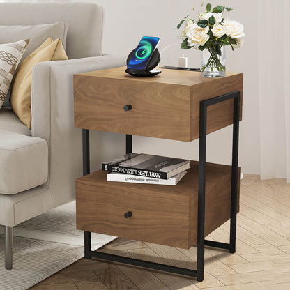 Nightstands Set of 2 with Charging Station, End Table with Storage Drawer - Meissalivve