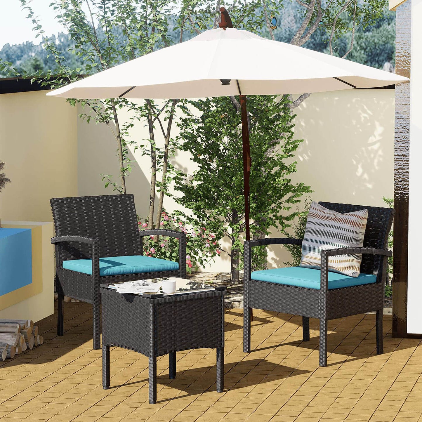 3 Pieces Outdoor Patio Furniture Set, All Weather PE Rattan Chairs with Table - Meissalivve