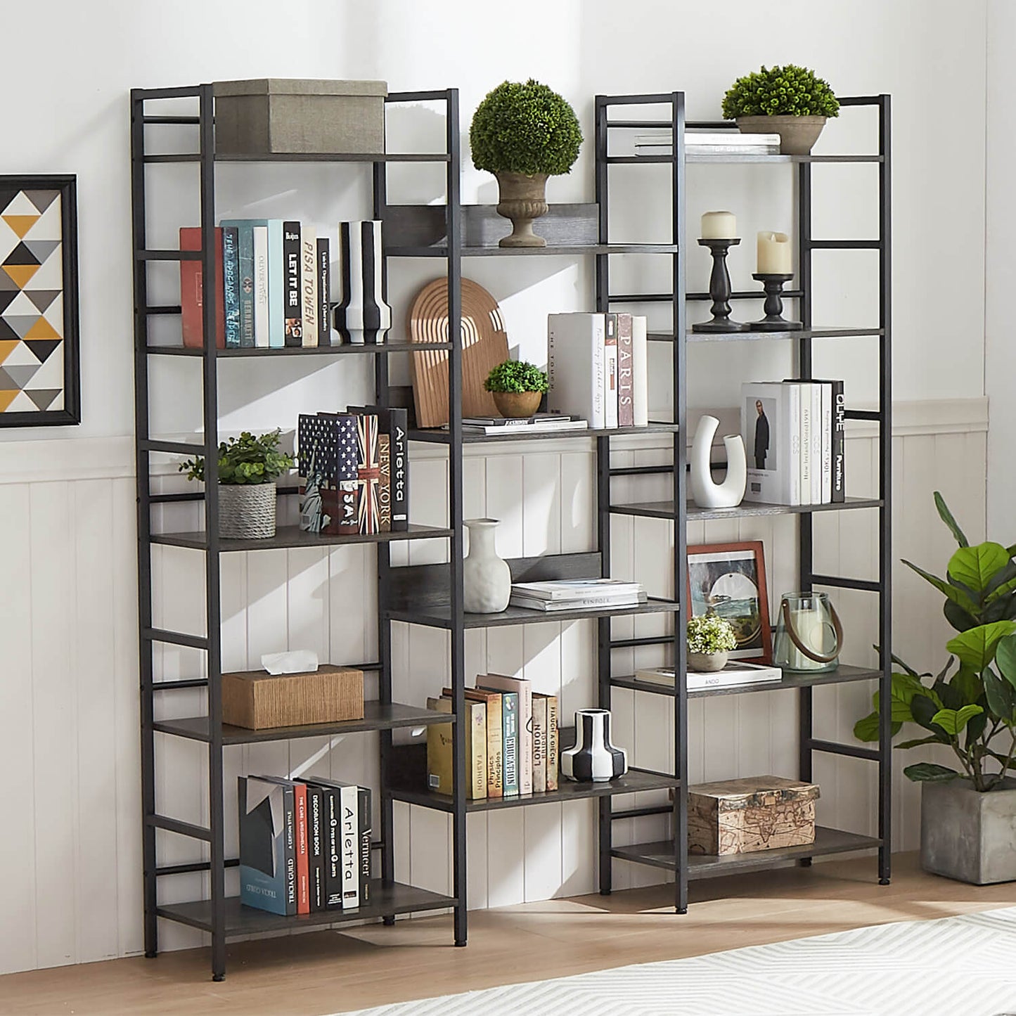 Triple Wide 5-shelf Bookshelves Industrial Retro Wooden Style, Dark Grey - Meissalivve