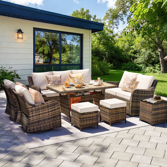 8 Piece Outdoor Rattan Patio Furniture Set, Swivel Chairs with Dining Table  (YK-6013-C4)