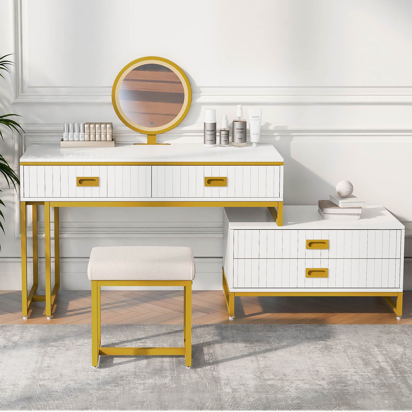 Modern Style Vanity Table With Movable Side Cabinet And 4-Drawers, White - Meissalivve