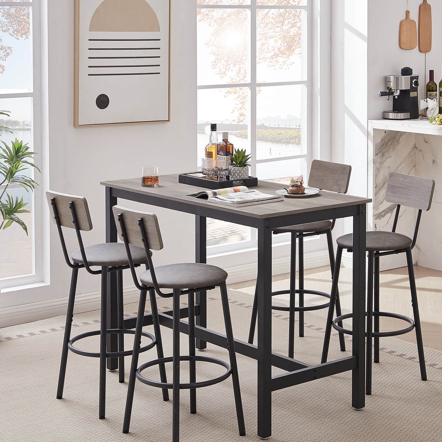 Bar Table Set with 4 Barstools PU Soft seat with backrest, Grey - Meissalivve