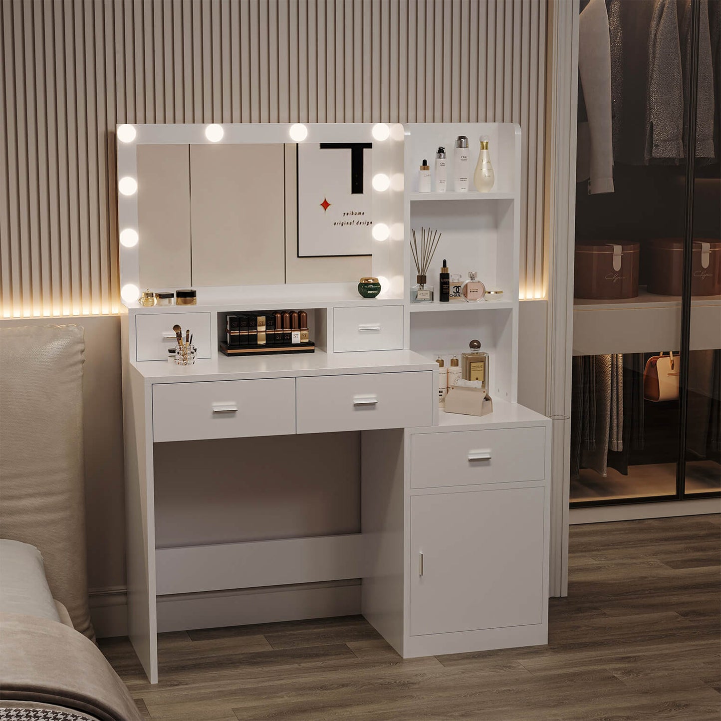 Smart mirror dressing table with drawers and storage cabinet, dressing pad - Meissalivve