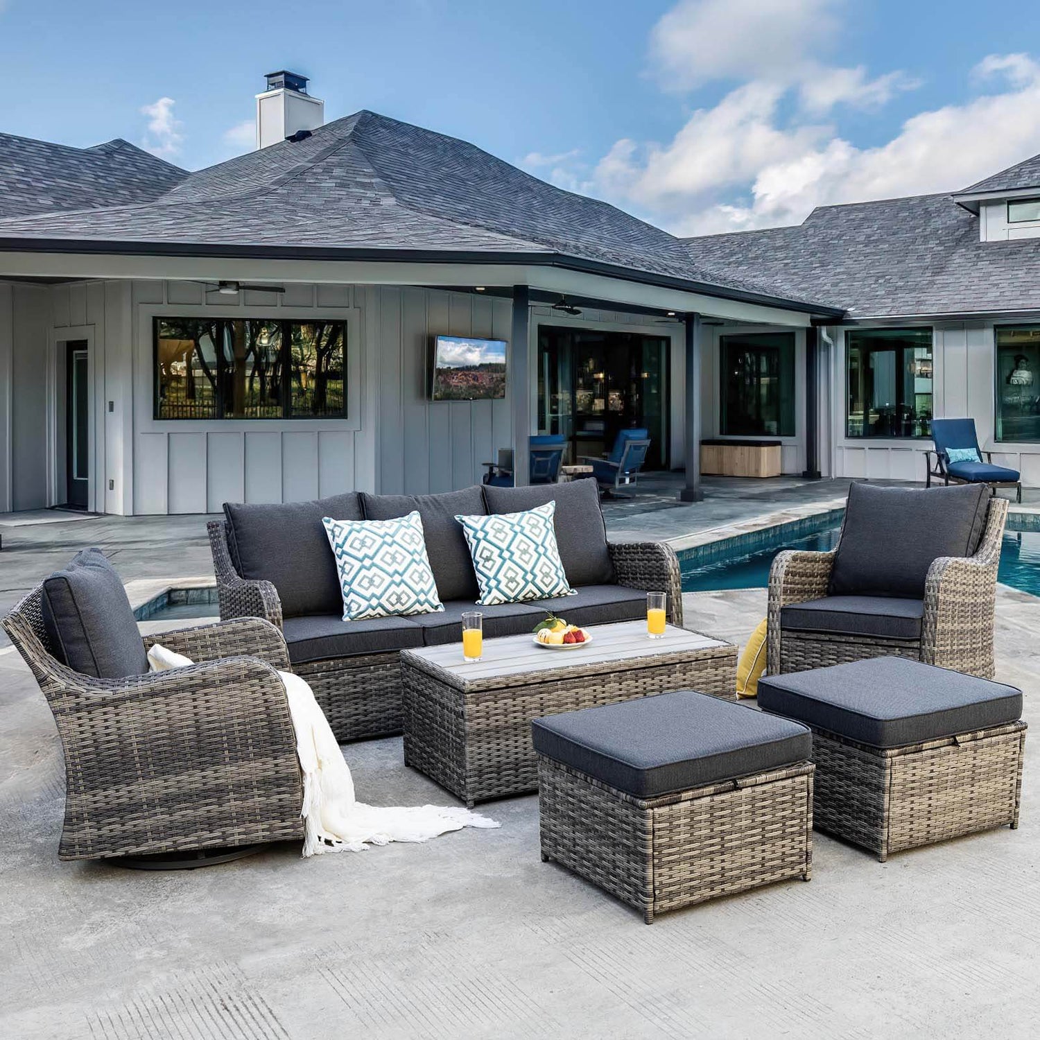 6 Piece Outdoor Rattan Patio Furniture Set, Swivel Rocker Chairs with Ottomans - Meissalivve