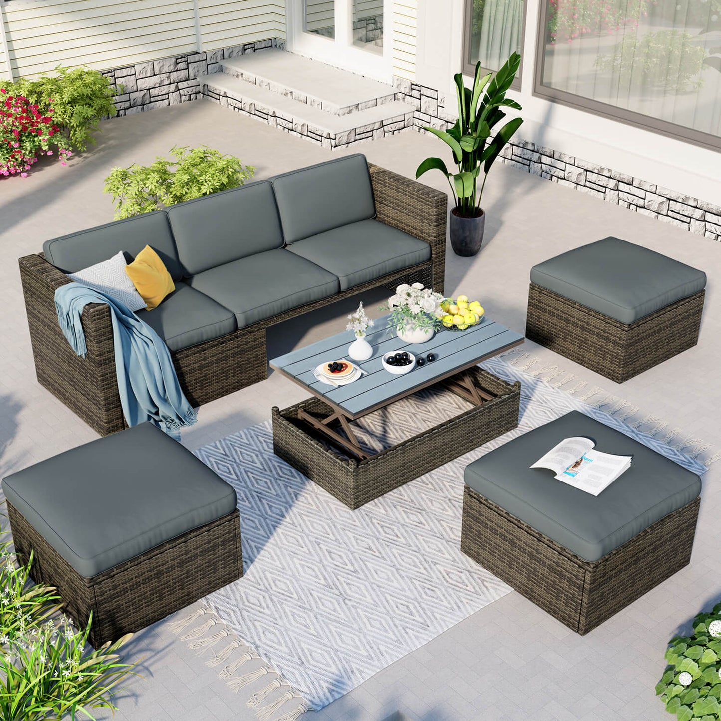 5-Piece Patio Furniture Sets Patio Wicker Sofa with Lift Top Coffee Table - Meissalivve