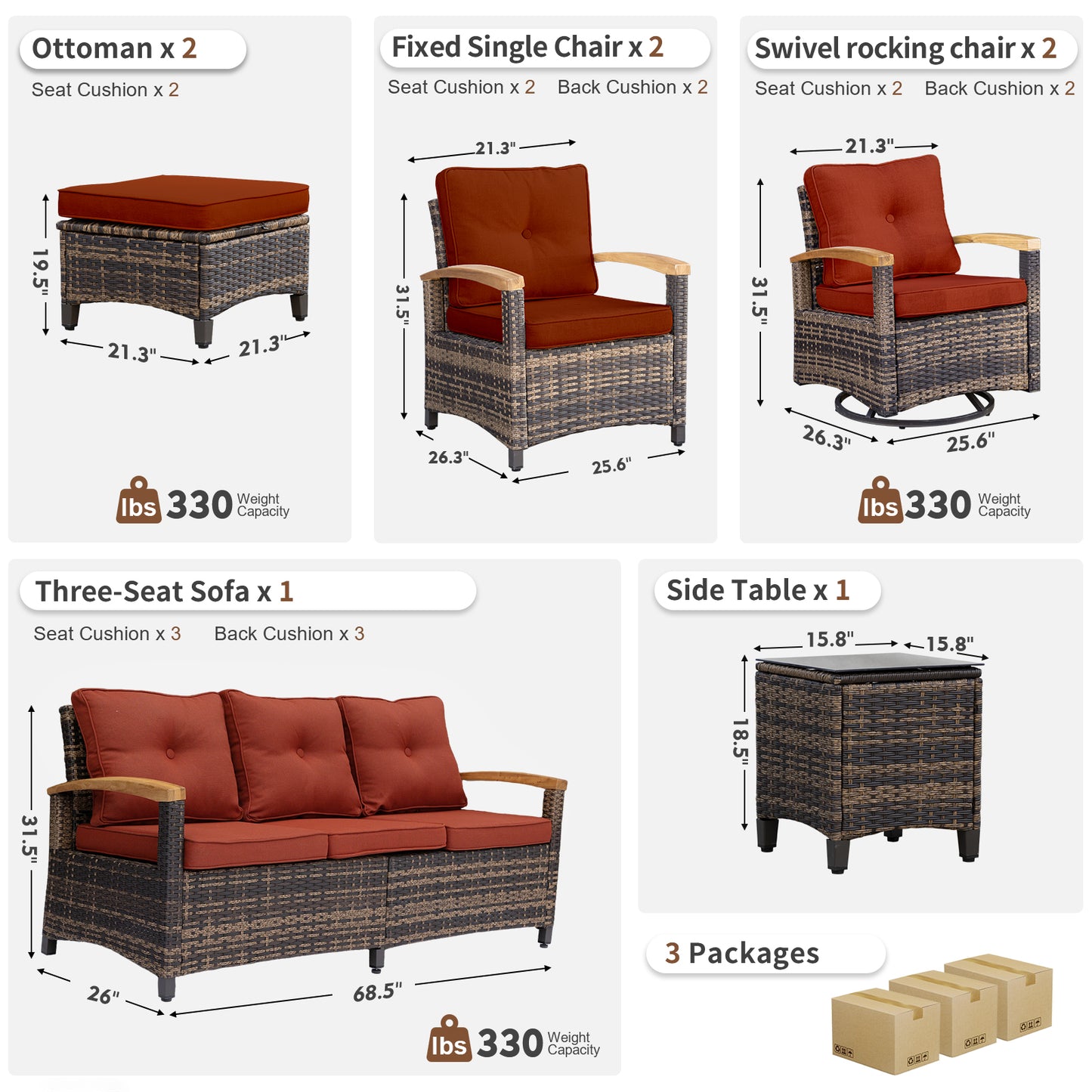 8 Pieces Patio Furniture Sets,  Outdoor Rattan Furniture Conversation Sets (YK-6015-B4)