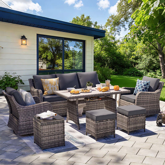 7 Piece Outdoor Rattan Patio Furniture Set, Swivel Chairs with Dining Table  (YK-6013-C1)