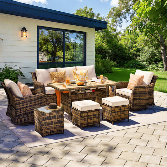 7 Piece Outdoor Rattan Patio Furniture Set, Swivel Chairs with Dining Table  (YK-6013-C1)