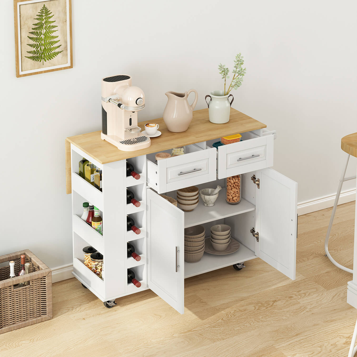 Multi-Functional Kitchen Island Cart with Door Cabinet and Drawers, White - Meissalivve