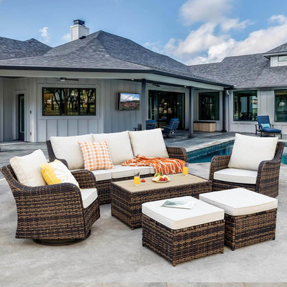 6 Piece Outdoor Rattan Patio Furniture Set, Swivel Rocker Chairs with Ottomans - Meissalivve