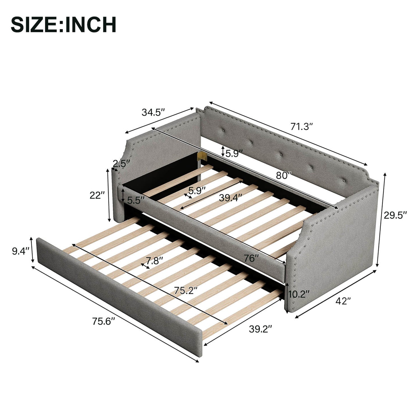 Upholstered Daybed with Trundle, Wood Slat Support,Gray - Meissalivve