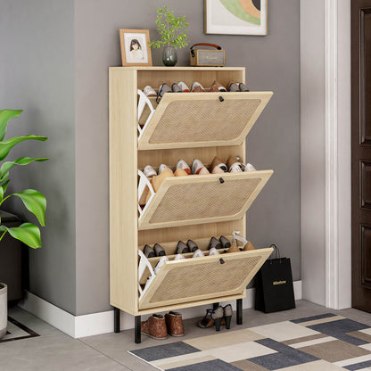 Natural Rattan 3 Door Shoe Rack, Shoe Storage Cabinet - Meissalivve