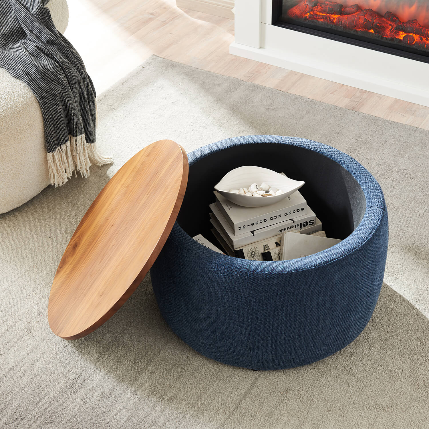 Round Storage Ottoman, 2 in 1 Function, Work as End table and Ottoman - Meissalivve