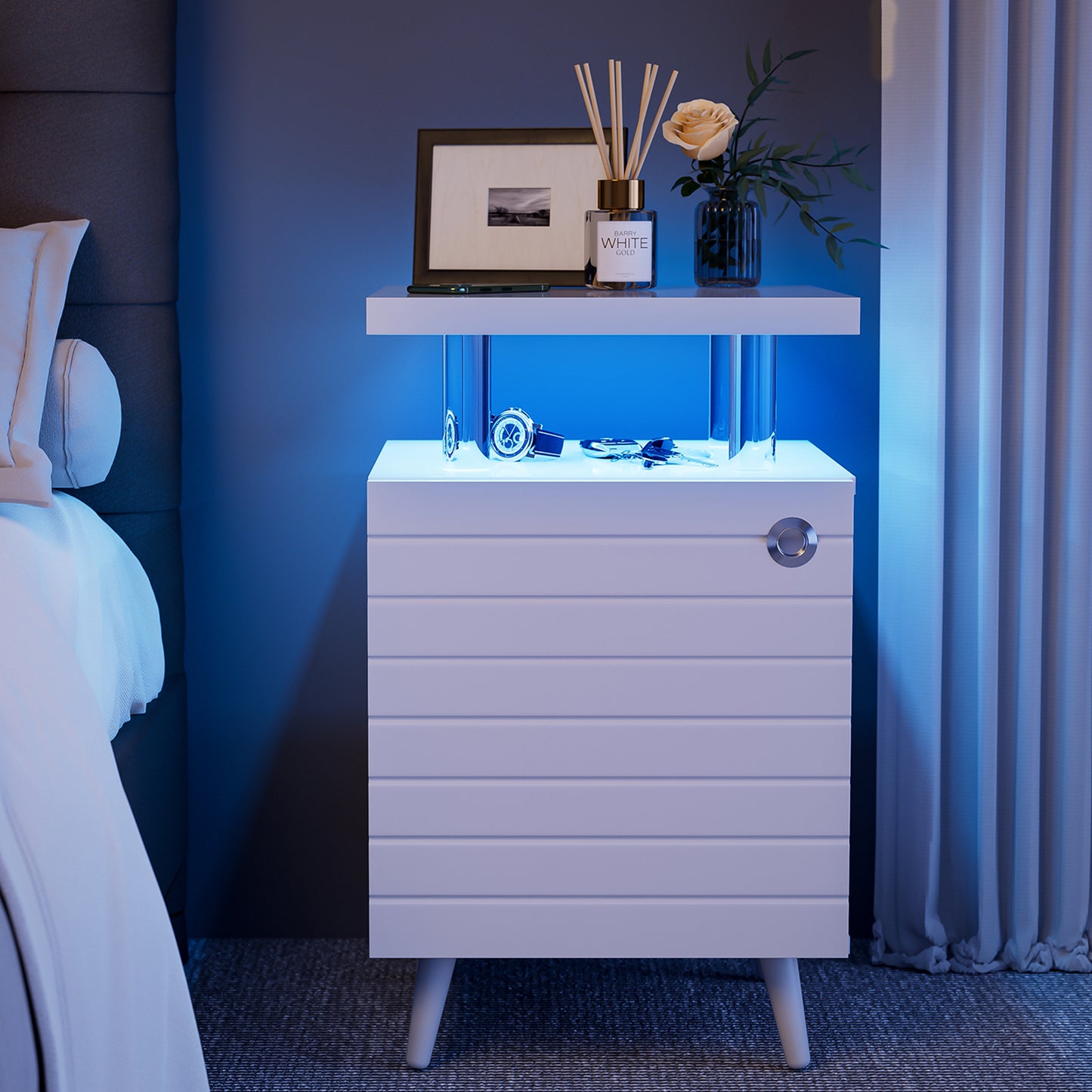 LED Nightstand Bedside Table End Tables Living Room with 4 Acrylic Columns - Meissalivve