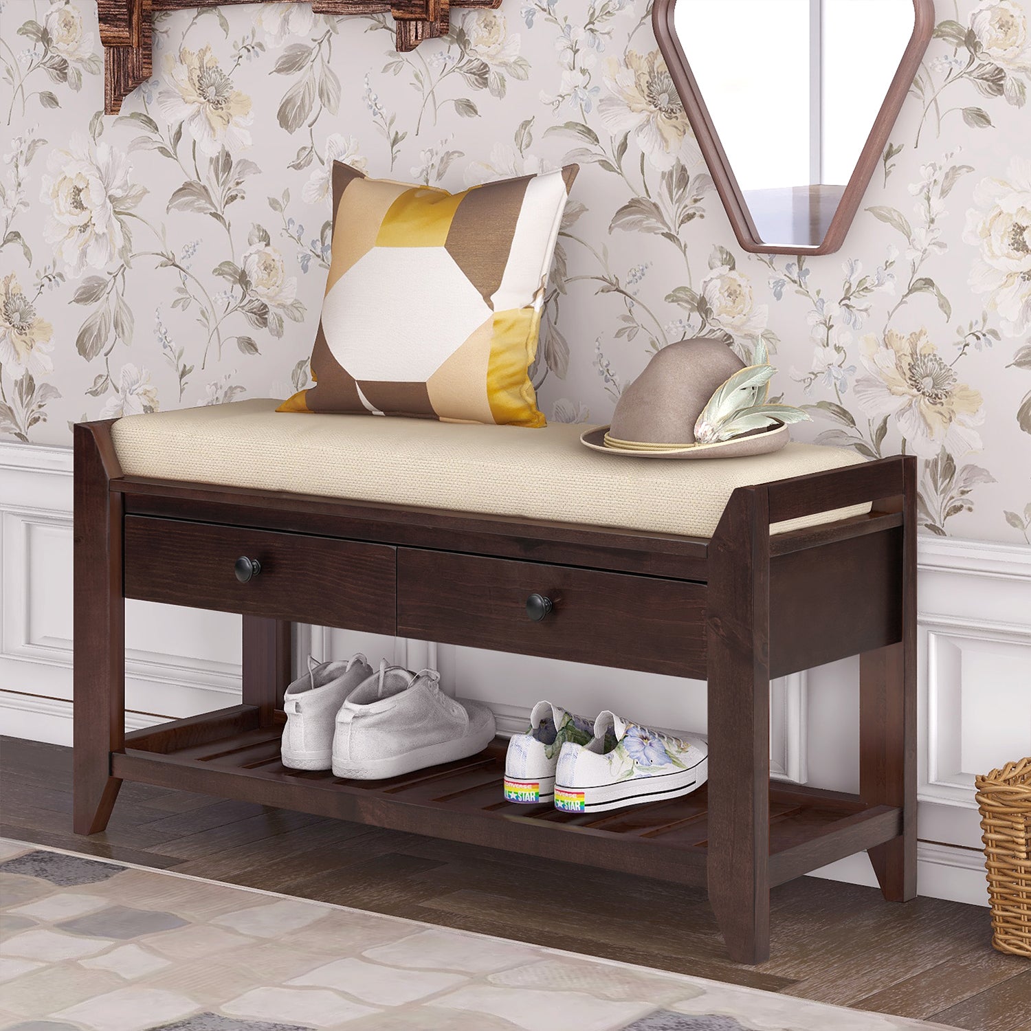 Shoe Rack with Cushioned Seat & Drawers, Entryway Storage Bench - Meissalivve