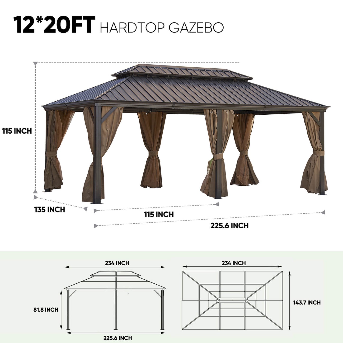 12*20FT patio gazebo with steel canopy, Outdoor Hardtop Gazebo Canopy - Meissalivve