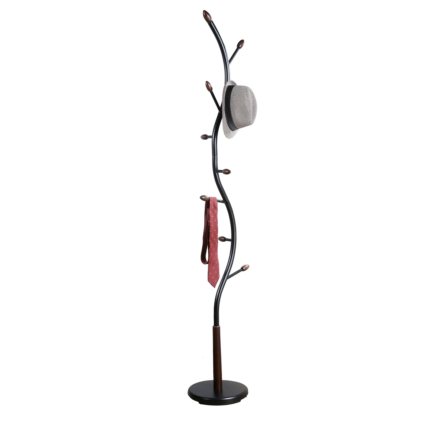 Metal Black and Walnut Standing Coat Rack with 9 hooks, Elegant walnut accents - Meissalivve