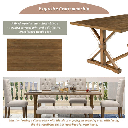 6-Piece 72" Wood Farmhouse Dining Table Set, Walnut - Meissalivve