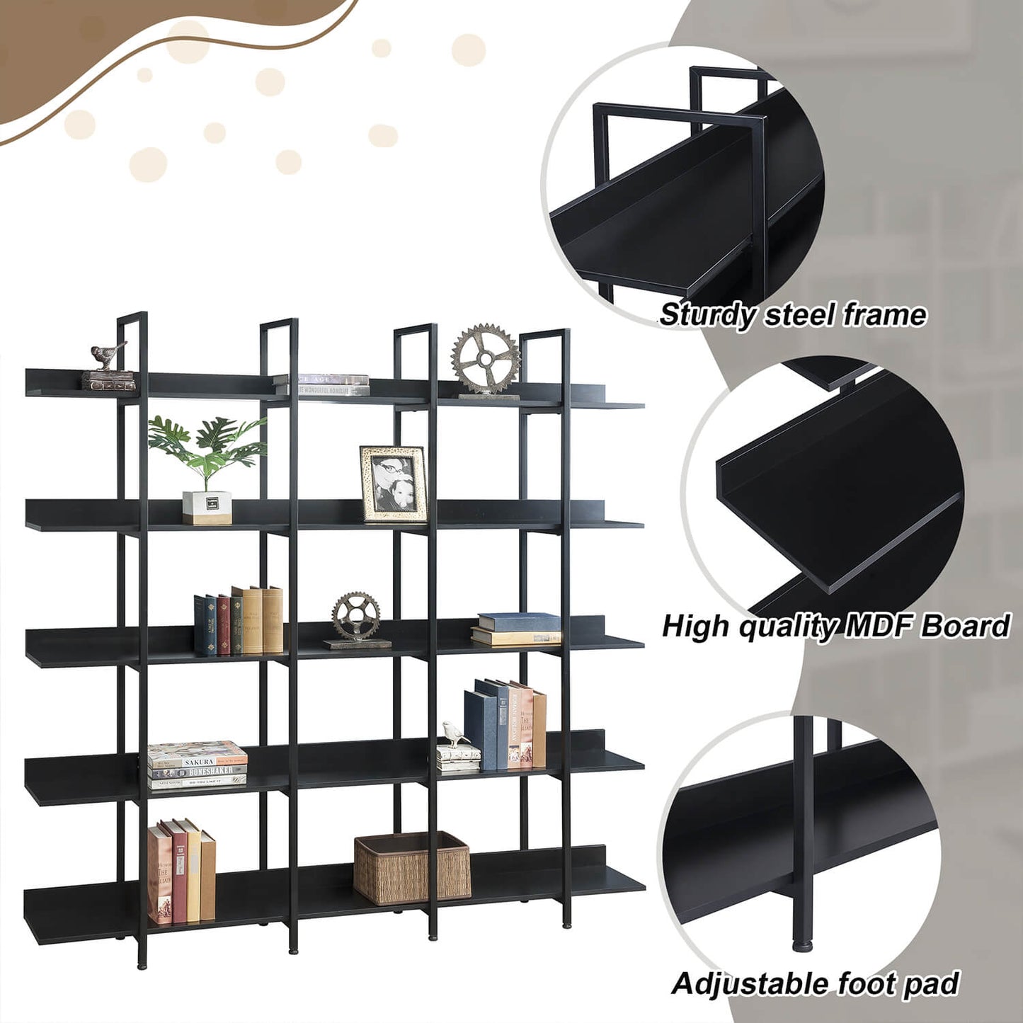 5 Tier Bookcase Home Office Open Bookshelf, MDF Board - Meissalivve