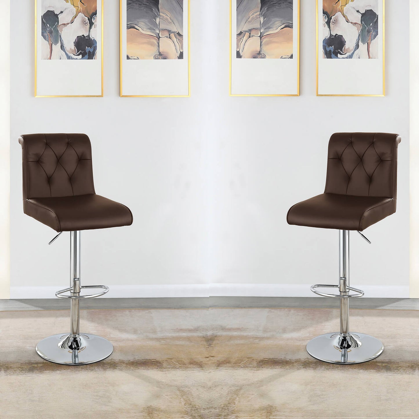 Adjustable Bar Chair, White Faux Leather Tufted Chrome Base Modern Set of 2 - Meissalivve