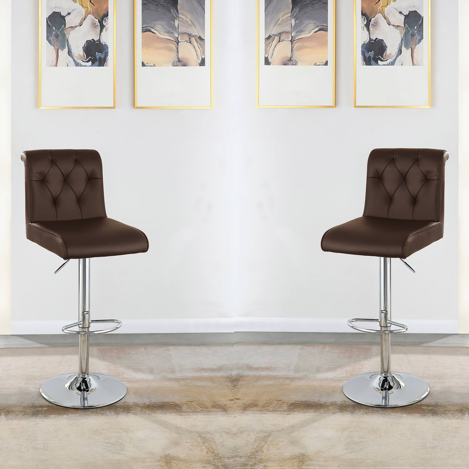 Adjustable Bar Chair, White Faux Leather Tufted Chrome Base Modern Set of 2 - Meissalivve