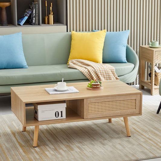 Rattan Coffee table for Living Room, Sliding Door for Storage - Meissalivve