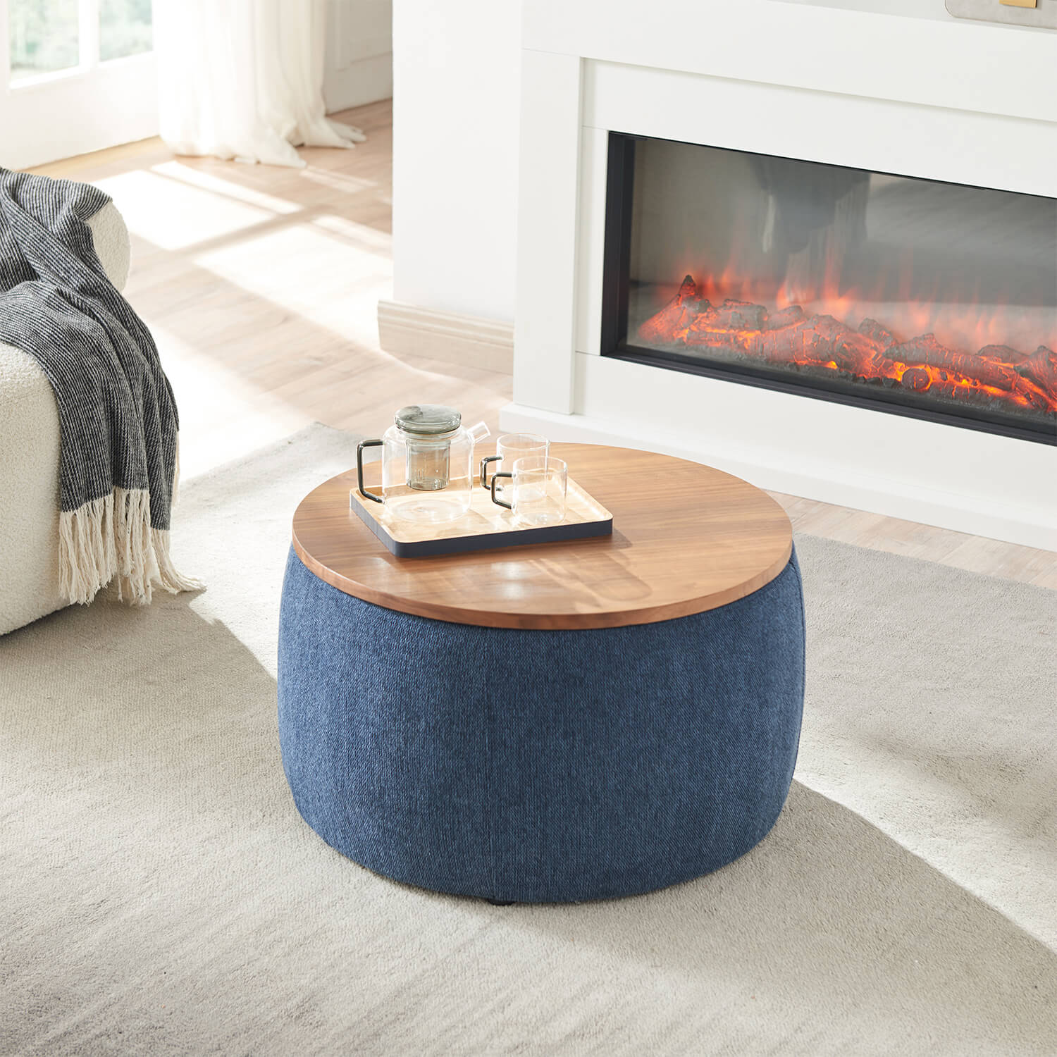 Round Storage Ottoman, 2 in 1 Function, Work as End table and Ottoman - Meissalivve