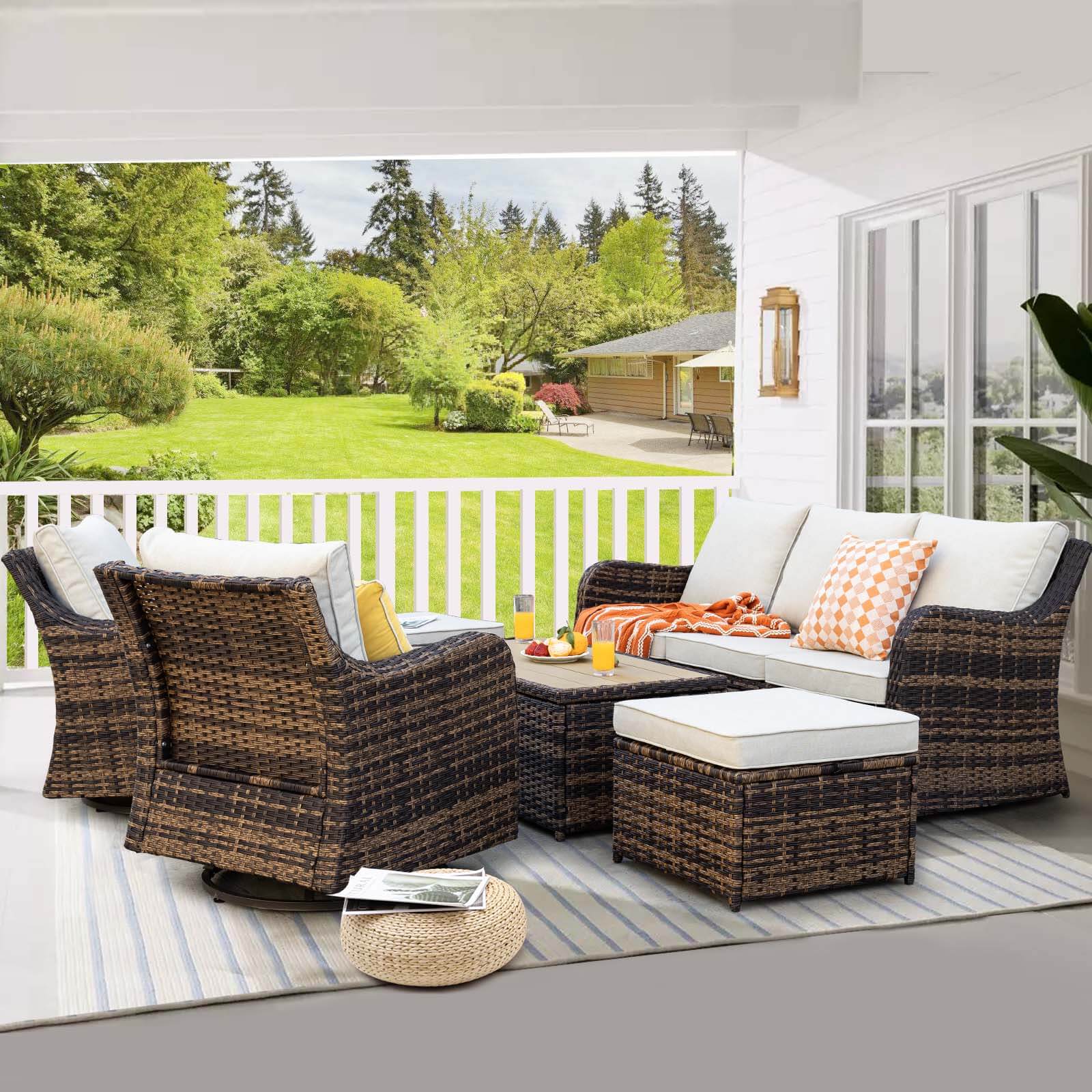 6 Piece Outdoor Rattan Patio Furniture Set, Swivel Rocker Chairs with Ottomans - Meissalivve