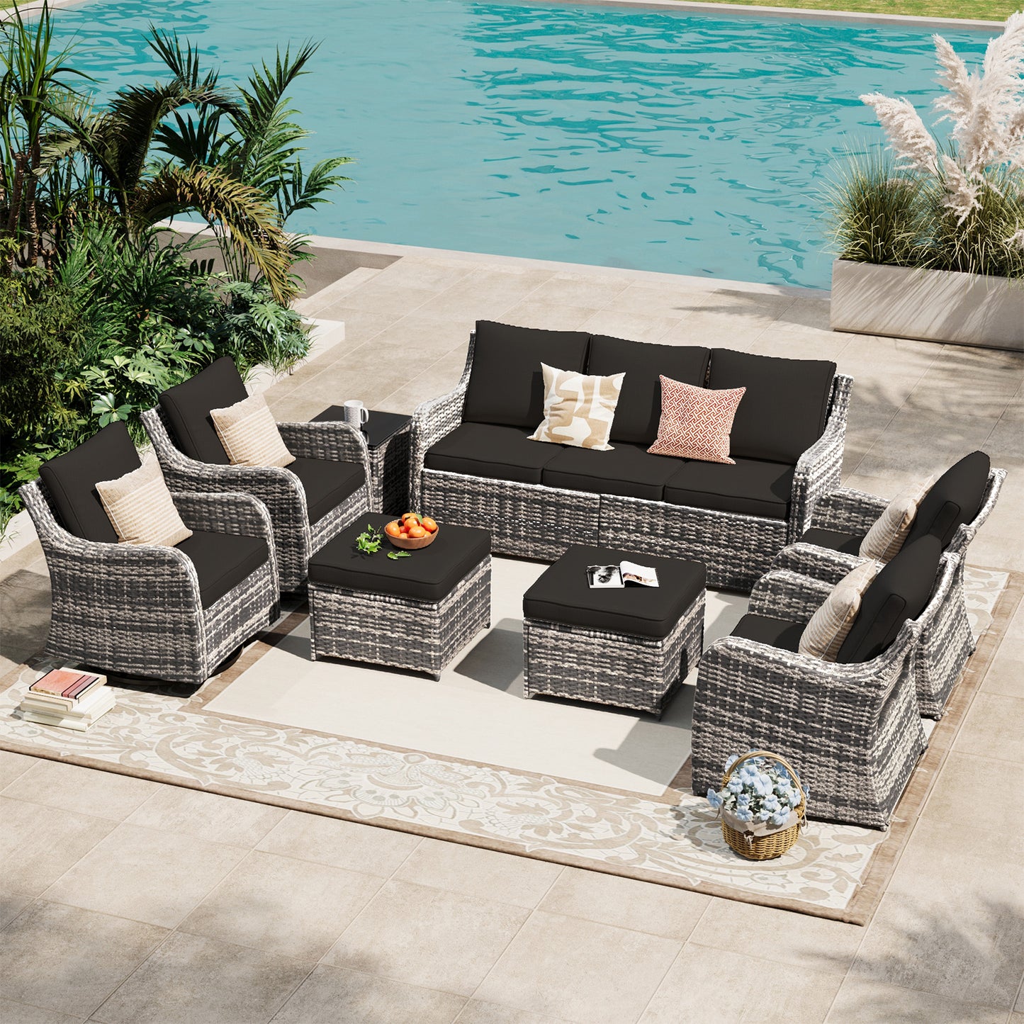 8 Piece Outdoor Rattan Patio Furniture Set, Swivel Rocker Chairs with Ottoman  (YK-6013-B4)
