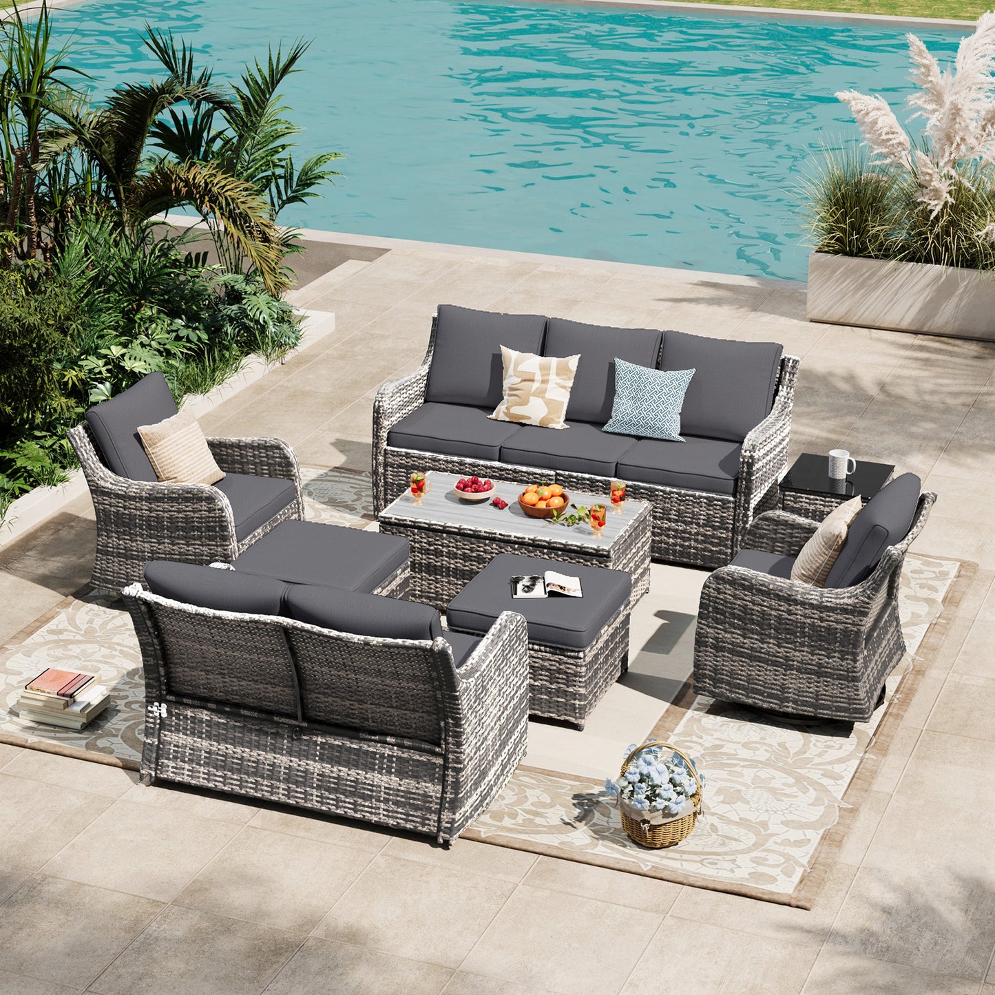 8 Piece Outdoor Rattan Patio Furniture Set, Swivel Rocker Chairs with Loveseat  (YK-6013-A4)