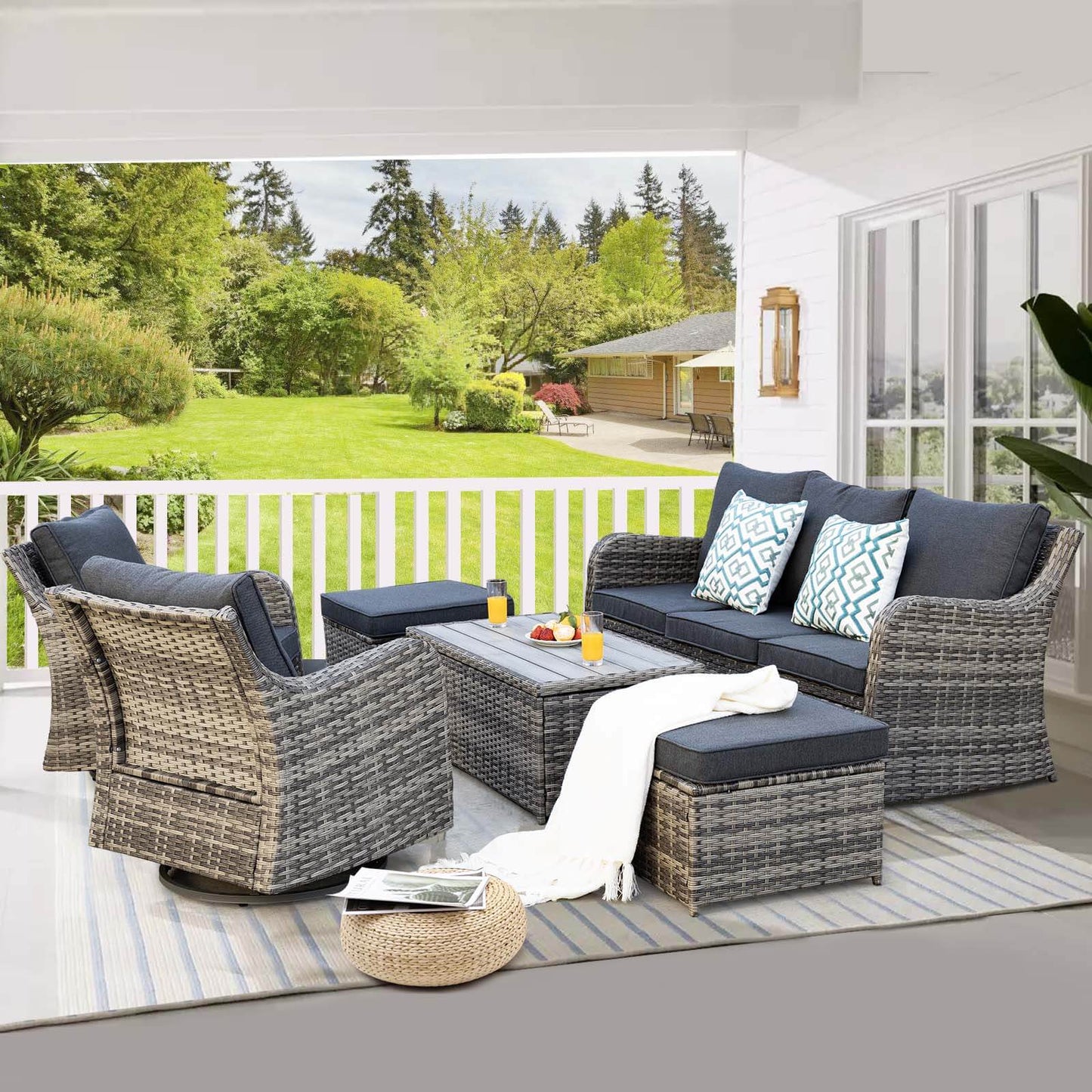 6 Piece Outdoor Rattan Patio Furniture Set, Swivel Rocker Chairs with Ottomans - Meissalivve