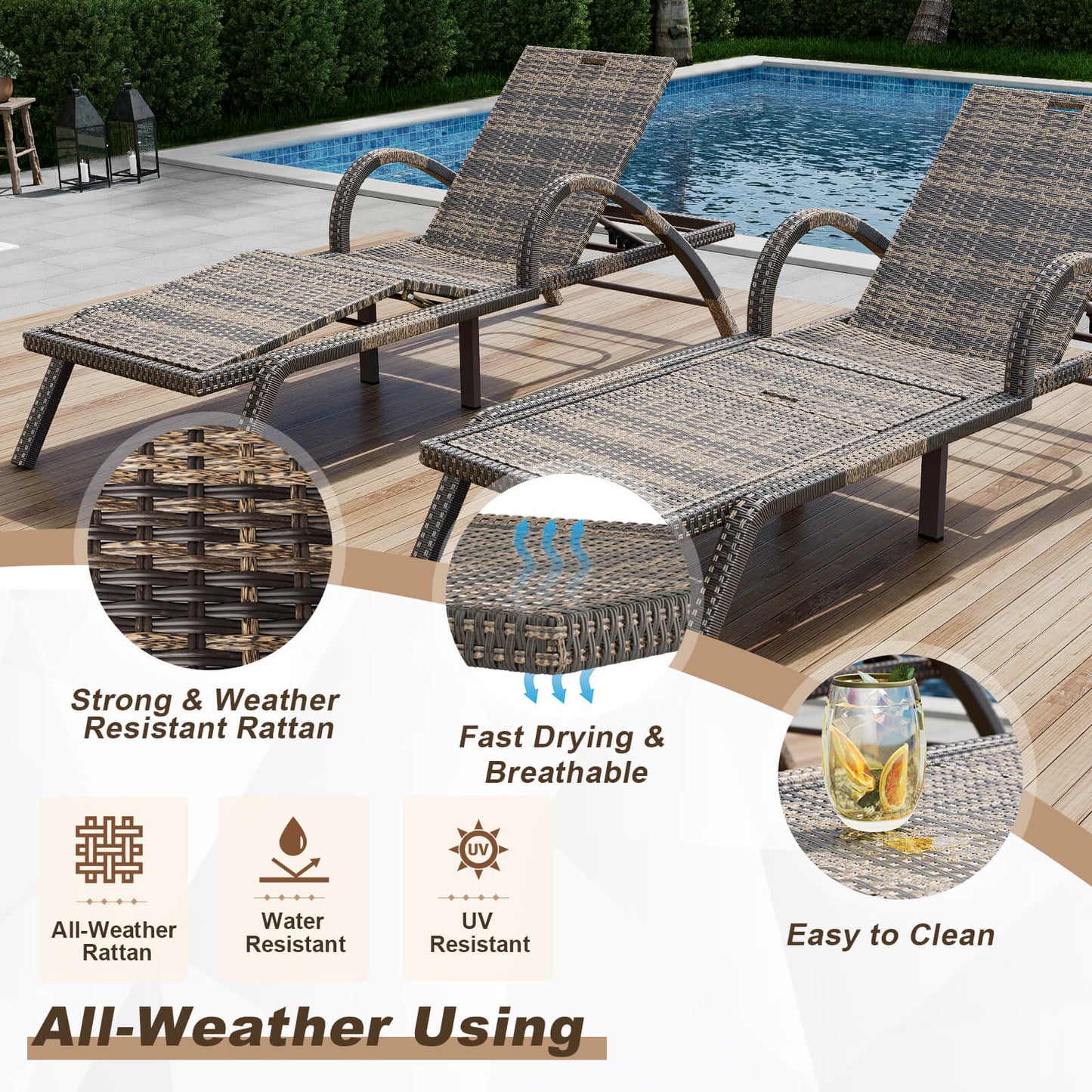 Outdoor Chaise Lounge Chairs, PE Rattan Wicker Pool Lounge Chairs Set of 2