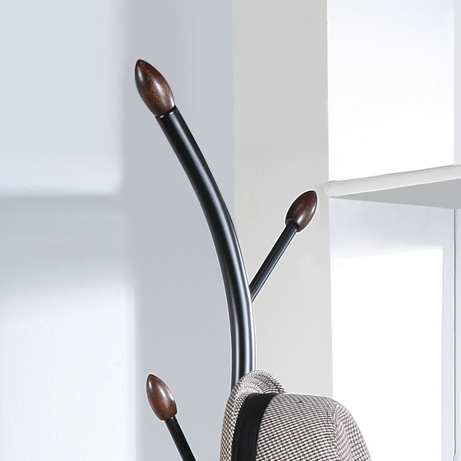 Metal Black and Walnut Standing Coat Rack with 9 hooks, Elegant walnut accents - Meissalivve