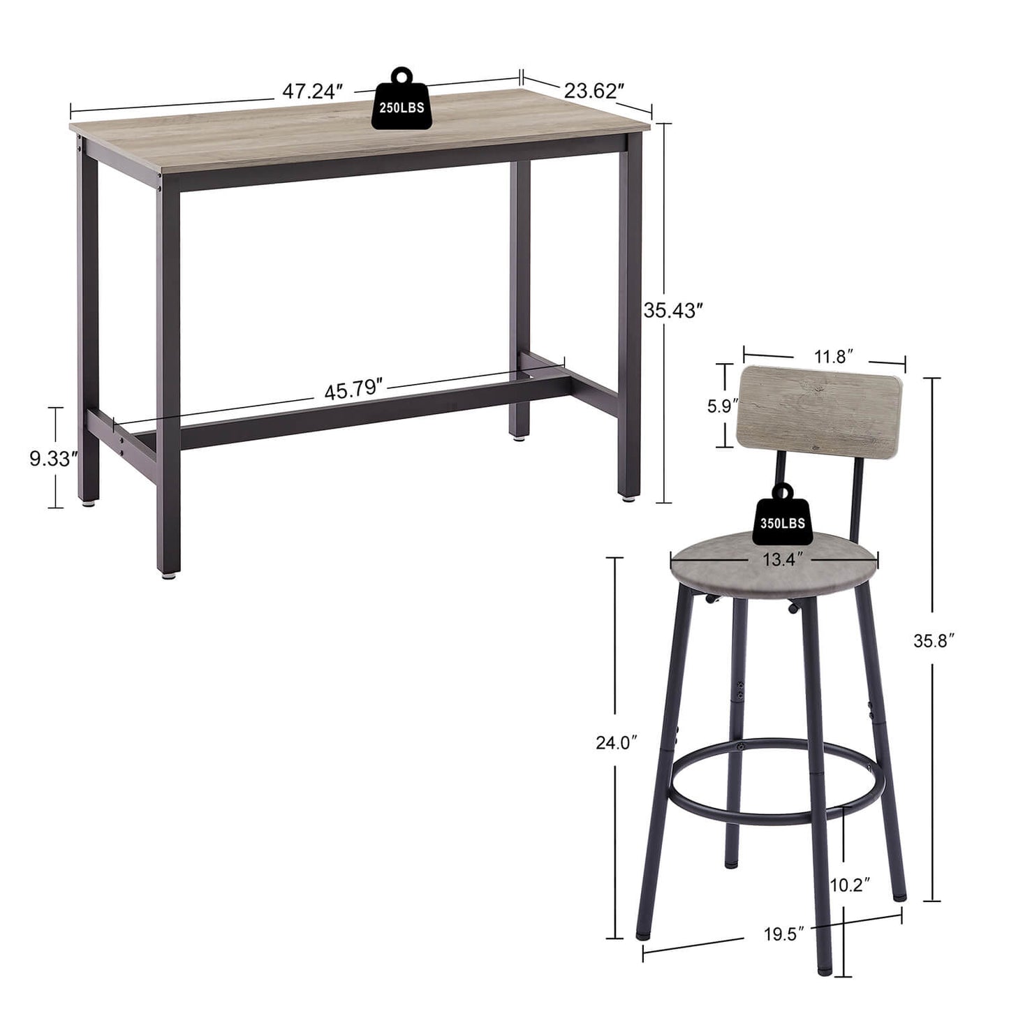 Bar Table Set with 4 Barstools PU Soft seat with backrest, Grey - Meissalivve