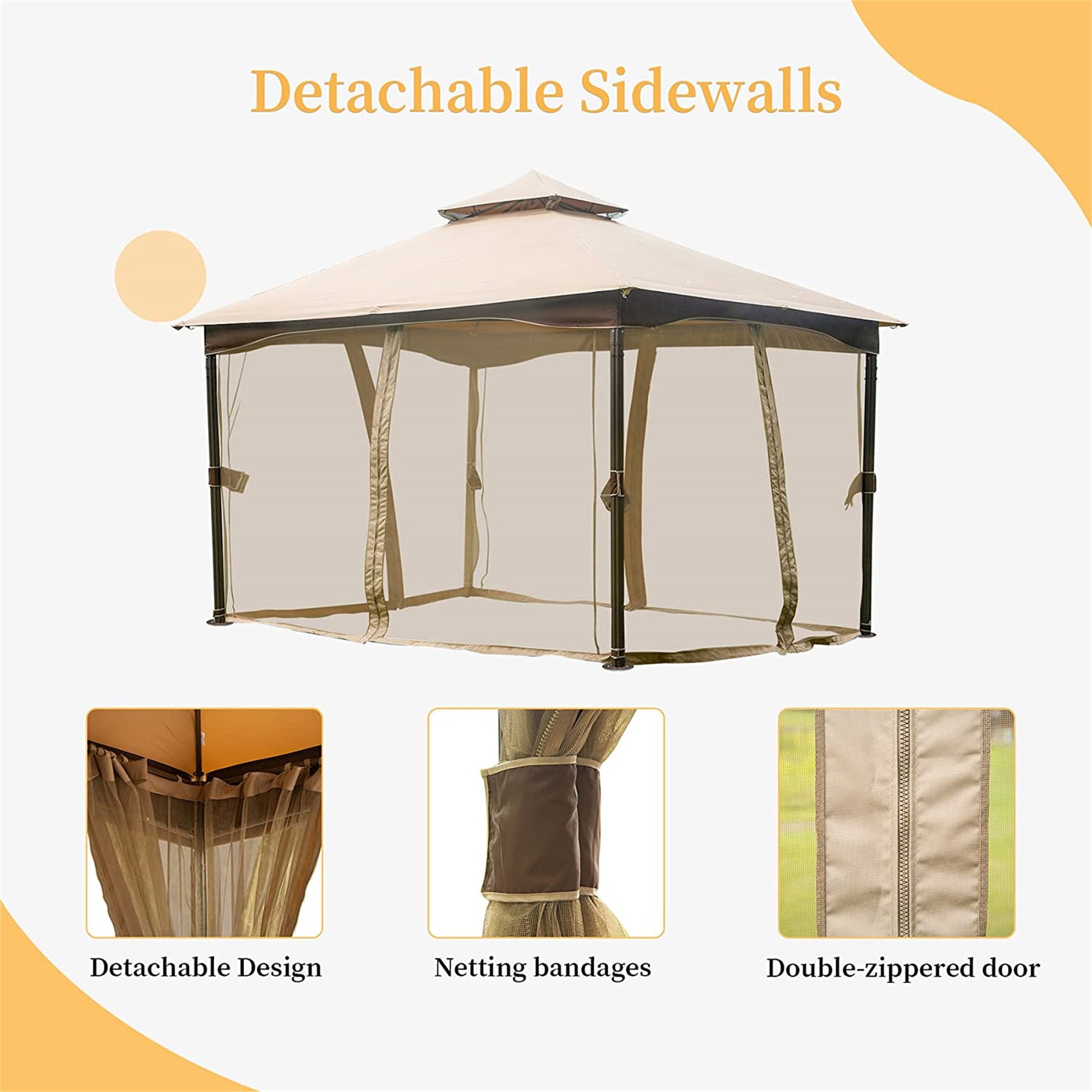 10'x13' Gazebo, Metal Frame Double Roof Soft Top Patio Gazebo - Meissalivve