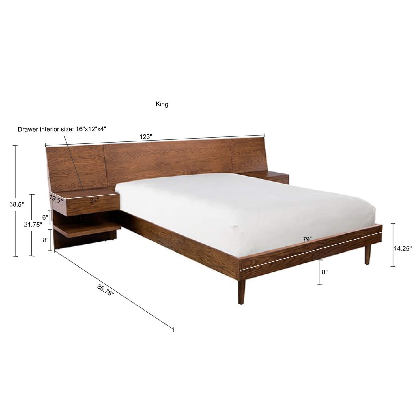 Hidden Drawers Platform beds with Headboard & 2 Built-in Nightstands - Meissalivve