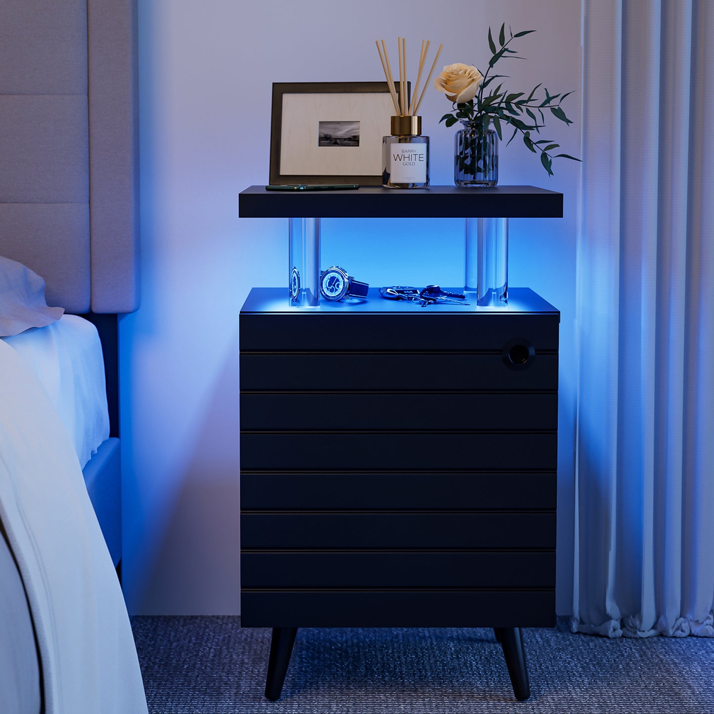 LED Nightstand Bedside Table End Tables Living Room with 4 Acrylic Columns - Meissalivve