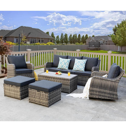 6 Piece Outdoor Rattan Patio Furniture Set, Swivel Rocker Chairs with Ottomans - Meissalivve