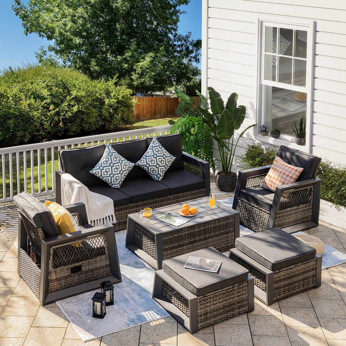 6 Pcs Aluminum Patio Furniture, Wicker Recliner Chairs with Ottomans