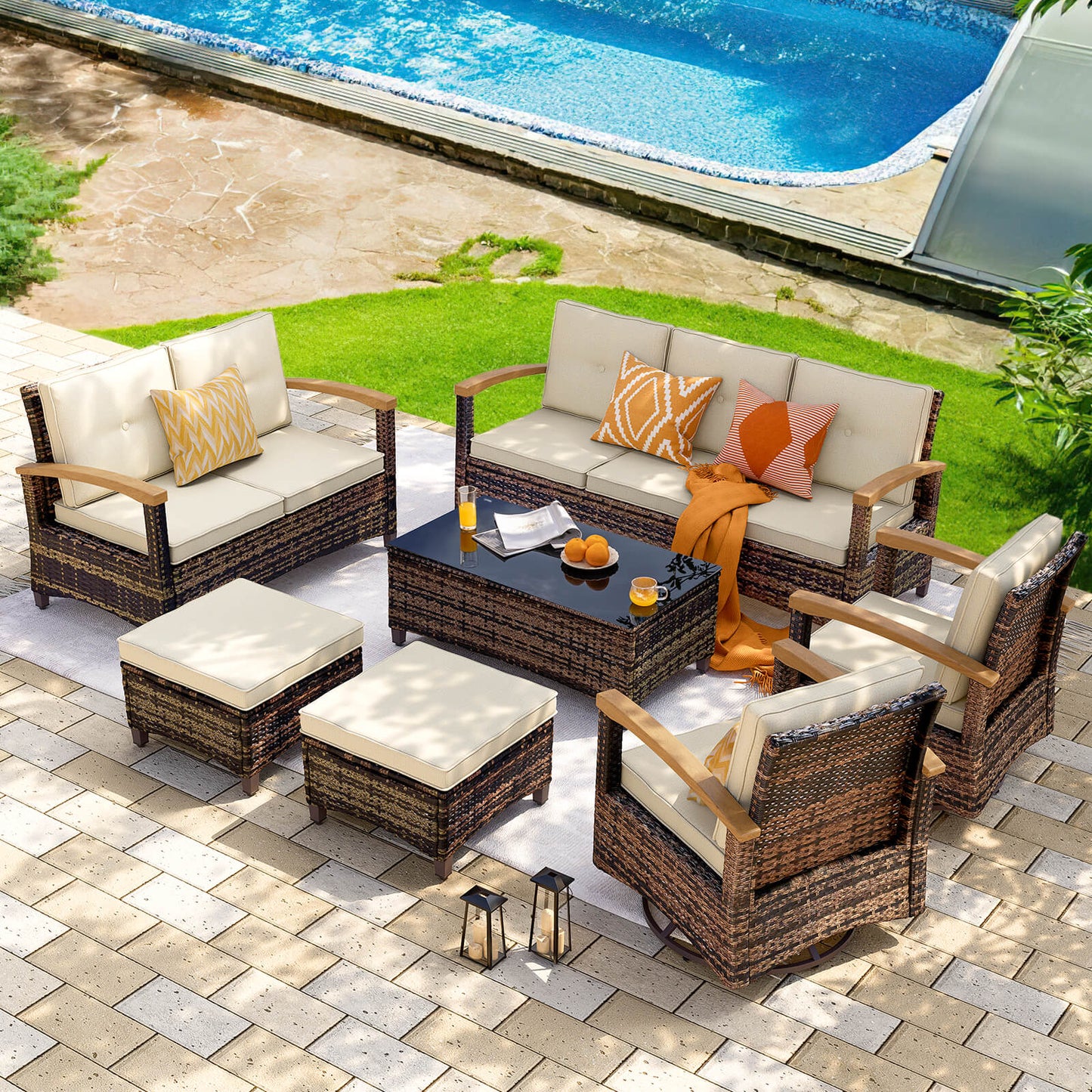 7 Pieces Patio Furniture Sets,  Outdoor Rattan Furniture Conversation Sets