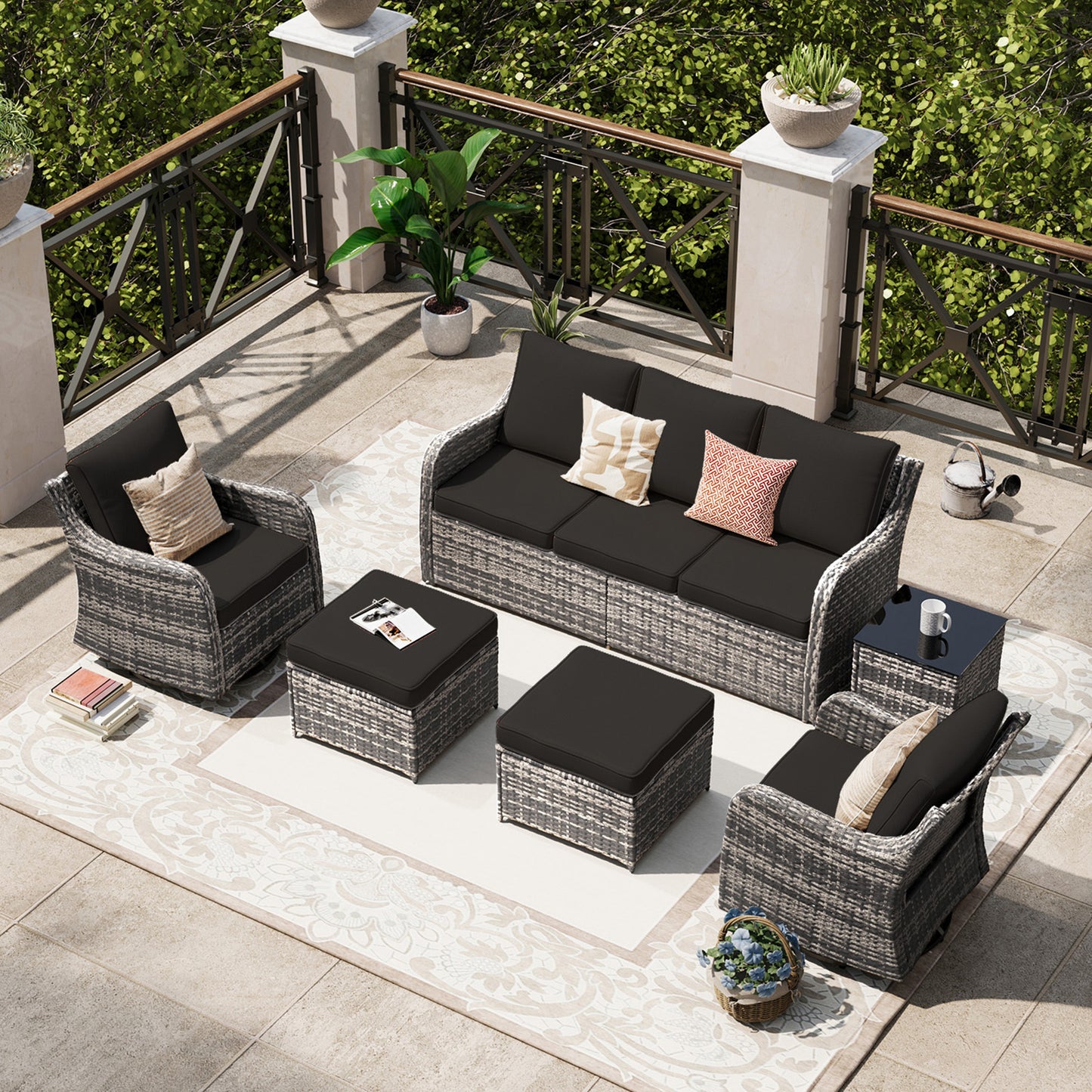 6 Piece Outdoor Rattan Patio Furniture Set, Swivel Rocker Chairs with Ottoman  (YK-6013-B1)