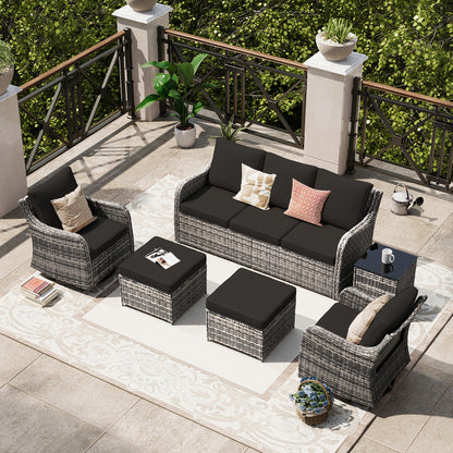 6 Piece Outdoor Rattan Patio Furniture Set, Swivel Rocker Chairs with Ottoman  (YK-6013-B1)
