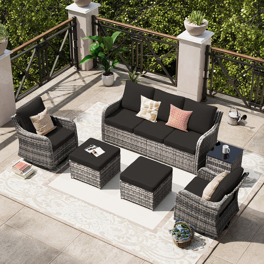 6 Piece Outdoor Rattan Patio Furniture Set, Swivel Rocker Chairs with Ottoman  (YK-6013-B1)