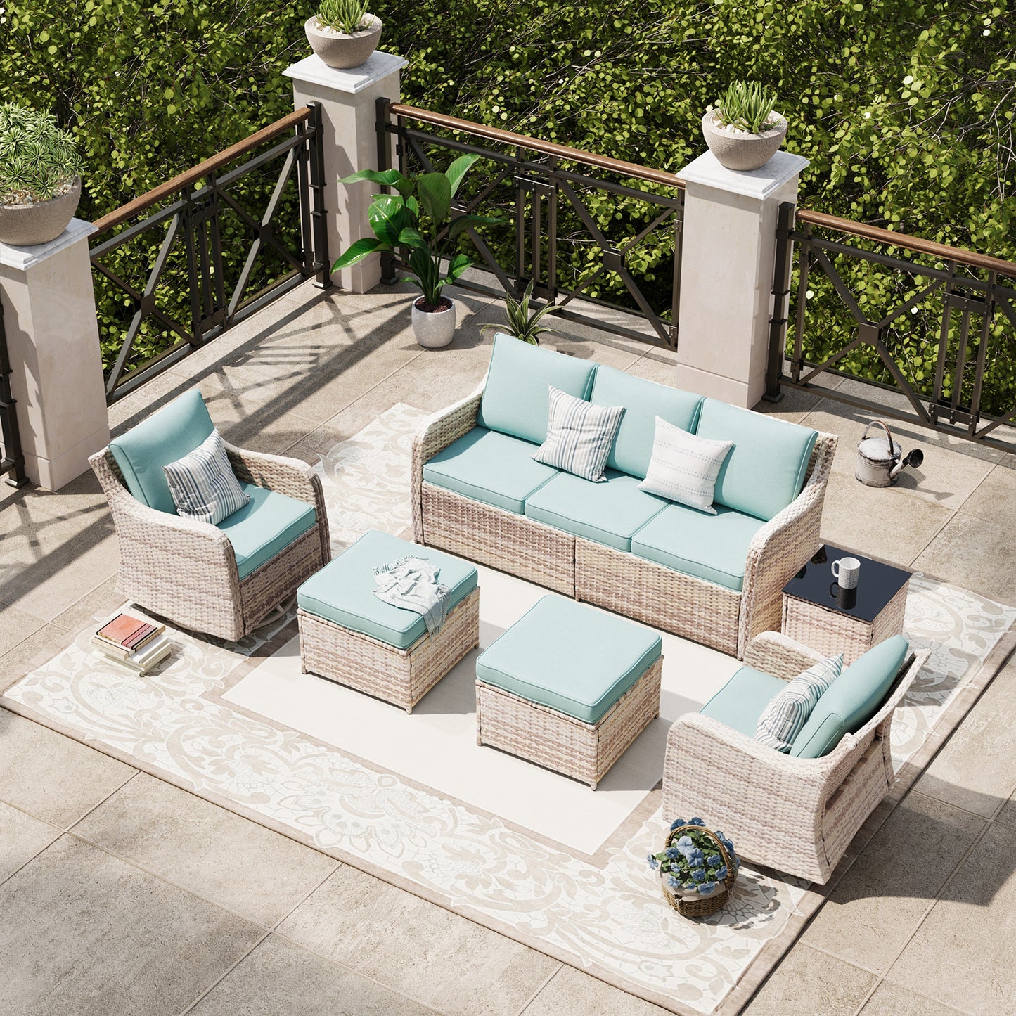 6 Piece Outdoor Rattan Patio Furniture Set, Swivel Rocker Chairs with Ottoman  (YK-6013-B1)
