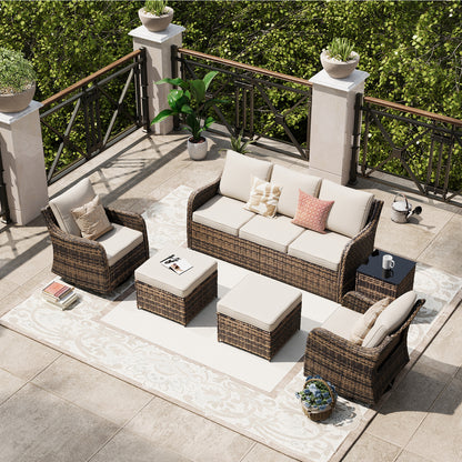 6 Piece Outdoor Rattan Patio Furniture Set, Swivel Rocker Chairs with Ottoman  (YK-6013-B1)
