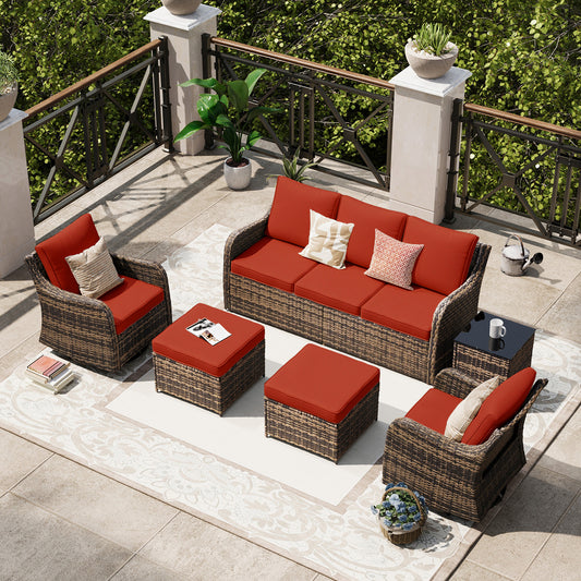 6 Piece Outdoor Rattan Patio Furniture Set, Swivel Rocker Chairs with Ottoman  (YK-6013-B1)
