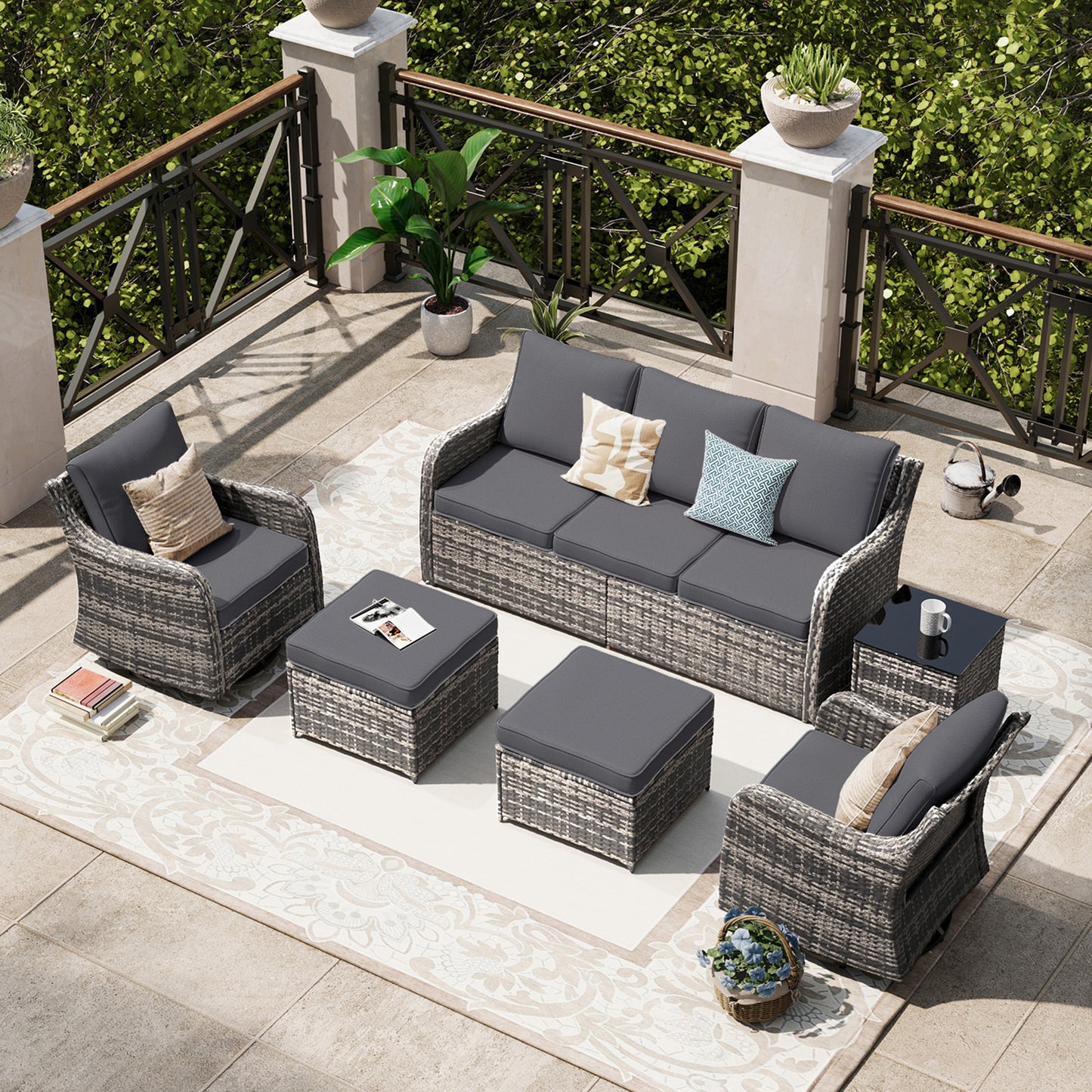 6 Piece Outdoor Rattan Patio Furniture Set, Swivel Rocker Chairs with Ottoman  (YK-6013-B1)
