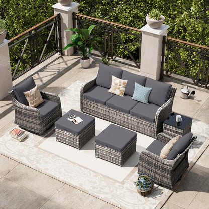 6 Piece Outdoor Rattan Patio Furniture Set, Swivel Rocker Chairs with Ottoman  (YK-6013-B1)