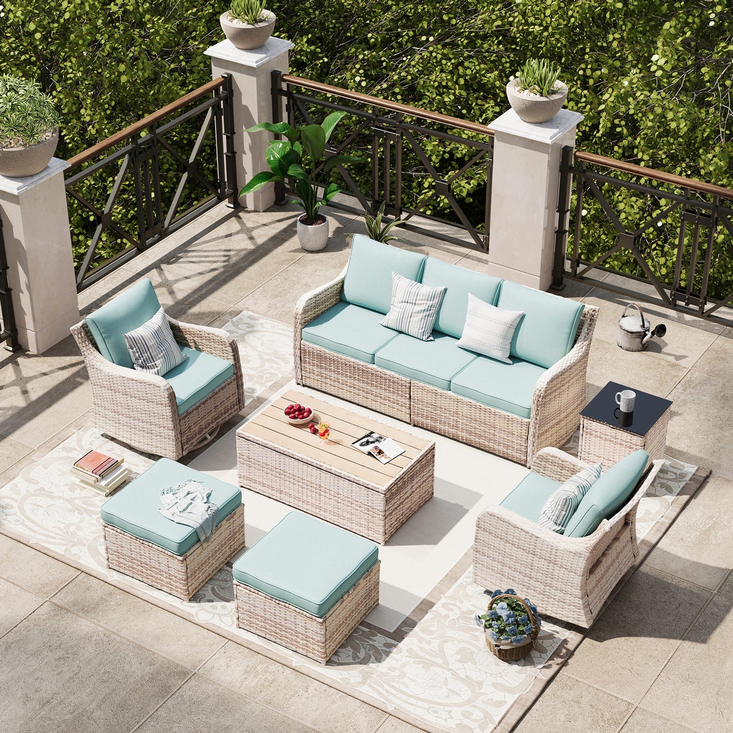 7 Piece Outdoor Rattan Patio Furniture Set, Swivel Rocker Chairs with Coffee Table  (YK-6013-A1)